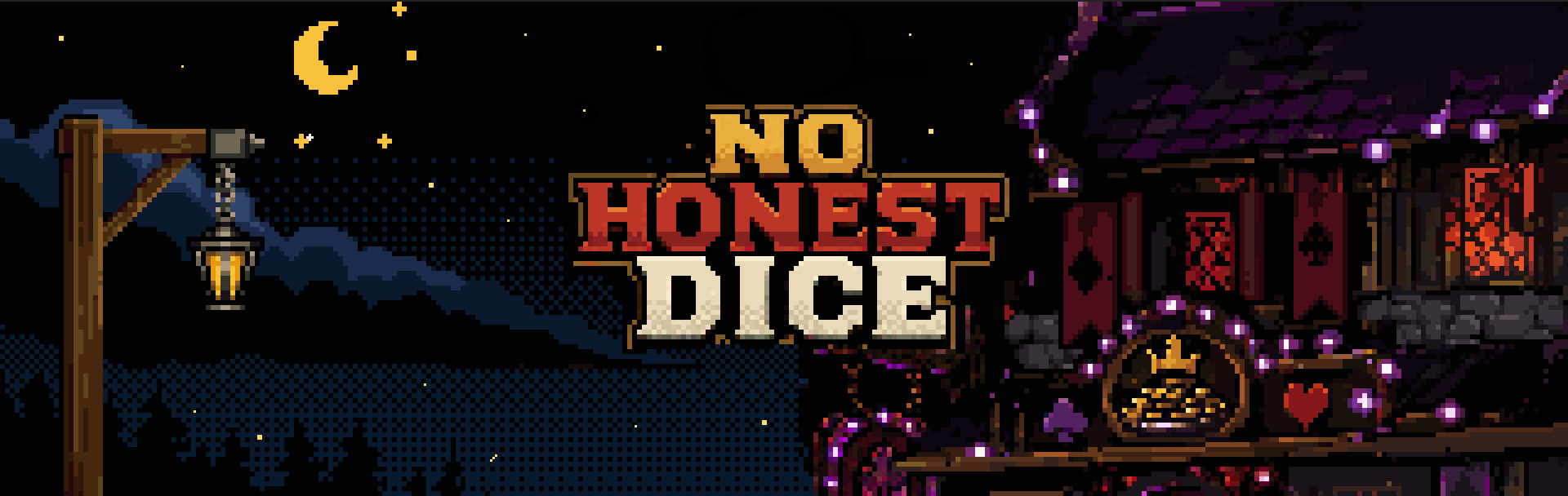 No Honest Dice title above a crooked moonlit tavern